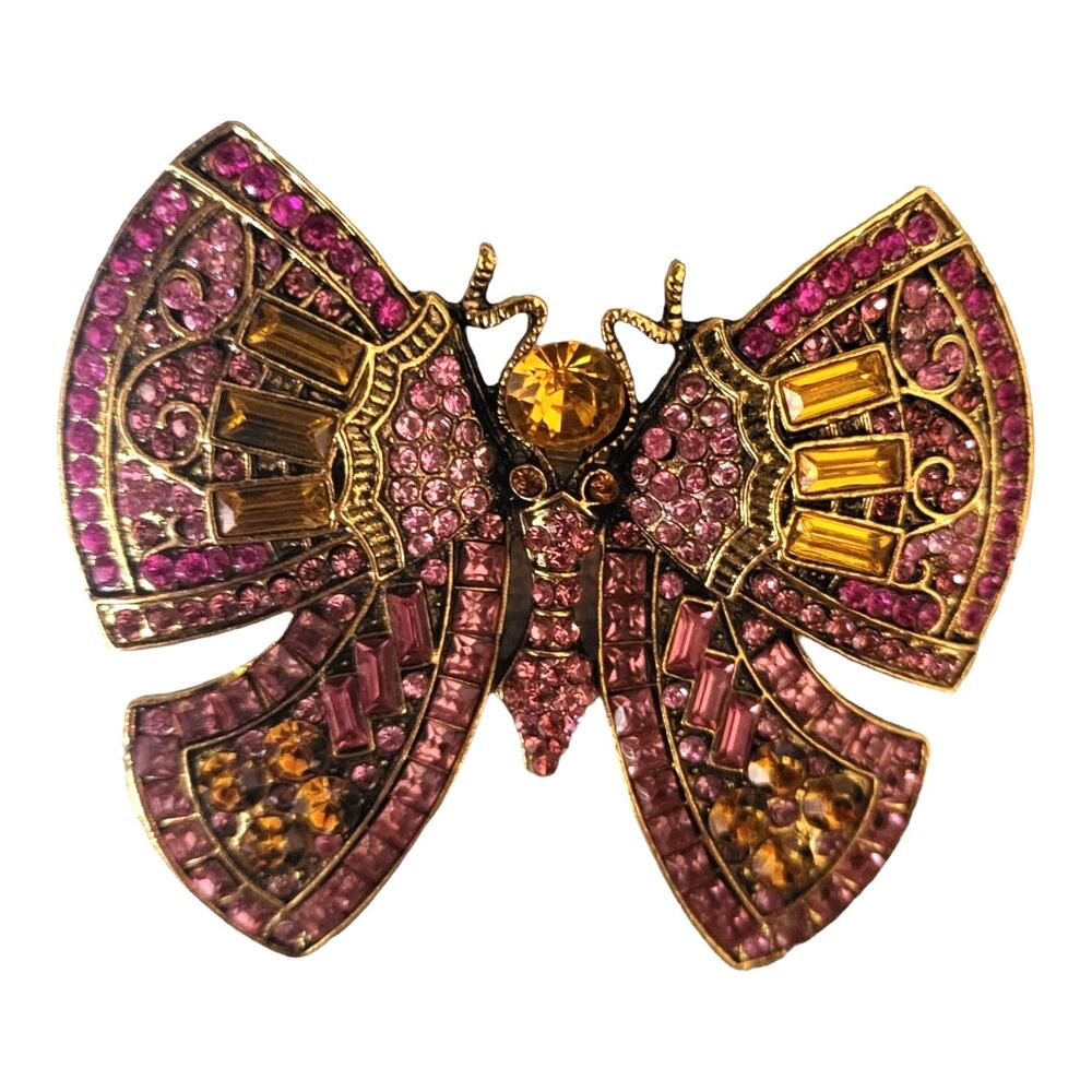 Antiqued Bronze Art Deco Butterfly Pink Gold Round and Baguette Crystal Brooch